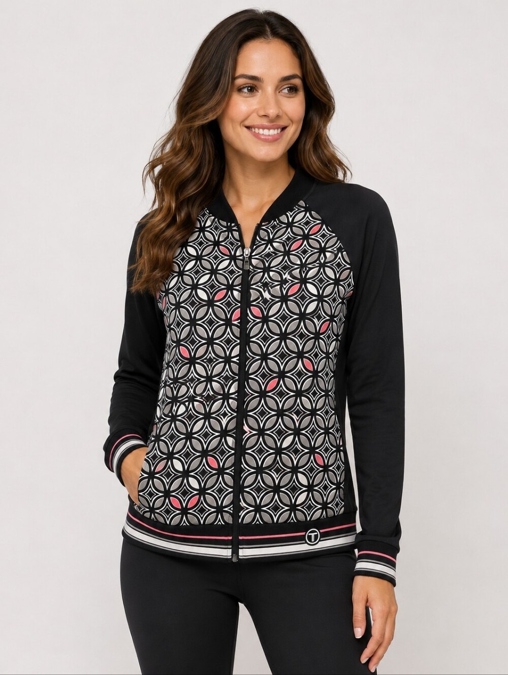 Trina Turk Recreation Zip Front Athletic Jacket Geometric Print Medium